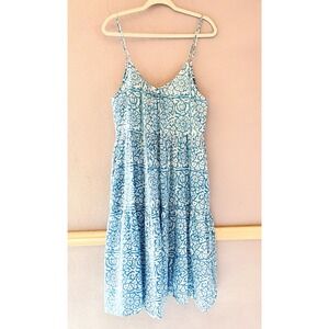 Roller Rabbit Dakota Floral Sundress Blue White Cotton Tiered Boho Beach Large